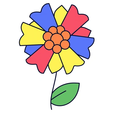 A flower composed of various polygonal shapes. The petals of the flower are formed from triangles and quadrilaterals in a mix of vibrant colors such as red, blue, yellow, and green. The center of the flower is a cluster of small, circular shapes in a bright orange hue. The background is simple and allows the colorful flower to stand out clearly.