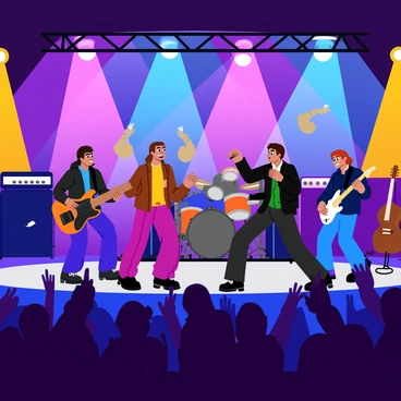 A rock band consisting of four members is performing energetically on a brightly lit stage. The lead singer, wearing a leather jacket, is holding a microphone and singing passionately. The guitarist is playing an electric guitar, and the drummer is behind a large drum set, visibly engrossed in the rhythm. The bassist is also on stage, contributing to the lively performance. 

In front of the stage, a crowd of fans is cheering wildly, with some holding up their hands and others waving banners. Colorful spotlights illuminate the band, casting vibrant shadows on the stage, and the background features musical equipment like amplifiers and speakers. The atmosphere is filled with excitement and energy, capturing the essence of a live rock concert.