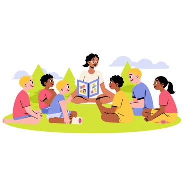 A group of five children sitting in a circle on a grassy patch. Each child has a different hair color and style, displaying a range of expressions, from excitement to curiosity. They are wearing colorful clothing, including a red t-shirt, a blue dress, and yellow shorts. In the center, a teacher with glasses is sitting cross-legged, holding an open book. The book has colorful illustrations visible, capturing the children's attention. The background features a few trees and a bright blue sky, enhancing the cheerful atmosphere of the scene.