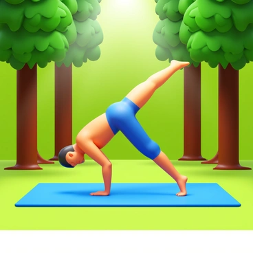 A person practicing fire hydrant exercises on a yoga mat in a forest clearing surrounded by tall trees