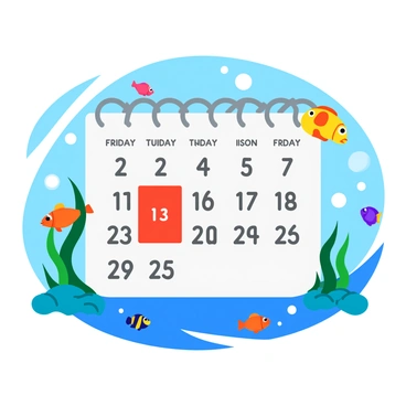 A calendar with bold numbers prominently displayed on each day. The calendar is themed around marine life, featuring illustrations of various colorful fish swimming around the edges. The date marked "Fish Extinction Day" is highlighted in red and decorated with a stylized fish icon. Surrounding the calendar are images of ocean plants, bubbles, and waves to emphasize the aquatic theme. The overall scene conveys a sense of urgency with a countdown format, with arrows pointing towards the date.