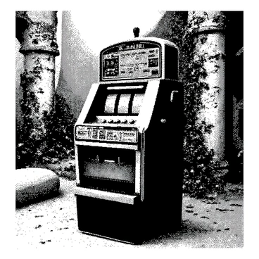 An ancient ruins setting is depicted, featuring crumbling stone walls and fragmented columns overgrown with foliage. In the center of this scene, a vintage slot machine stands partially covered in creeping ivy, with its metallic surface showing signs of wear and age. The ivy wraps around the machine, intertwining with the levers and buttons, highlighting the contrast between nature and the remnants of human invention. The ground is littered with small stones and patches of moss, adding to the atmospheric decay of the surroundings.