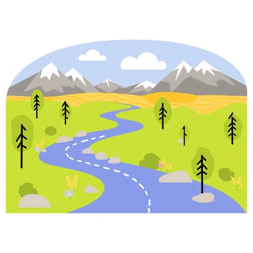 A winding river flows through a series of landscapes. In the background, tall, rugged mountains rise up with snow caps glistening in the sunlight. As the river descends from the mountains, it meanders through lush green valleys filled with a variety of trees and colorful wildflowers. The riverbanks are dotted with smooth pebbles and patches of bright green grass. Further along, the river flows into open plains, where golden fields of wheat stretch out under a clear blue sky. Fluffy white clouds drift lazily overhead, adding to the serene atmosphere of the scene.