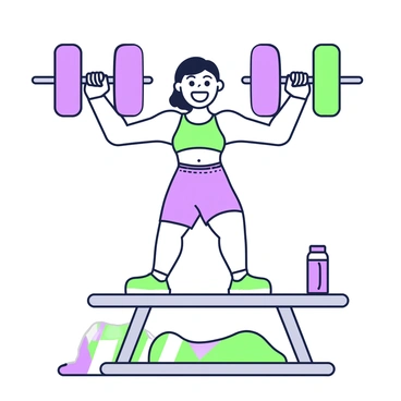 A cheerful cartoon character is performing skull crushers on a workout bench. The character has a big smile and bright eyes, showcasing their excitement. They have a colorful outfit, including a tank top and shorts. In each hand, they are lifting oversized, comically large weights that appear exaggerated in size, making the exercise look both humorous and entertaining. The character's legs are firmly planted on the ground, and their arms are flexed, demonstrating effort while still maintaining a joyful expression. The background includes simple gym equipment, like a colorful exercise mat and a water bottle.