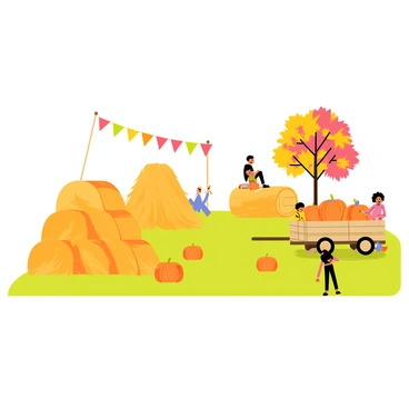 A joyful harvest festival featuring bright orange pumpkins scattered across a grassy field. Several hay bales are stacked together, creating an inviting atmosphere. Colorful banners flutter in the gentle breeze above the festival grounds. Children are seen playing and laughing, while a wooden cart filled with pumpkins is parked nearby. In the background, a vibrant autumn tree with red and yellow leaves adds to the festive scene.