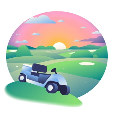 A golf cart with a metallic blue finish is parked on a grassy hill. The cart has a black seat and is equipped with a small white cooler on the back. In the foreground, the hill is covered with lush green grass, dotted with small wildflowers. Below, a sprawling golf course stretches out, showcasing neatly trimmed fairways and a few sand traps. The sky above is filled with vibrant hues of orange, pink, and purple as the sun sets on the horizon. Fluffy clouds catch the light, adding depth to the colorful sky.