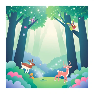 A lush, enchanted forest set with twinkling lights and magical creatures peeking through the trees