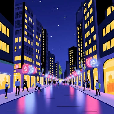 A city night scene featuring tall buildings under a starry sky. The streets are lined with glowing plastic light fixtures in various colors, casting vibrant reflections on the pavement. People are walking along the sidewalks, some stopping to admire the illuminated displays. A few trees adorned with colorful lights add to the festive atmosphere. The windows of buildings are lit, showing silhouettes of people inside. The overall ambiance is lively and energetic, capturing the essence of a bustling urban nightlife.