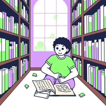 A child with curly hair is kneeling on the floor of an old library, their eyes wide with excitement as they discover a hidden clue inside a dusty book. The book is open in front of them, revealing faded pages filled with text. Surrounding the child, towering shelves are packed with books of various sizes and colors, some stacked haphazardly while others stand neatly. The shelves are made of dark wood, giving a sense of age to the library. Dim light filters in through a high window, casting a soft glow on the scene, and a few stray bookmarks tumble gently from the child's exploration.