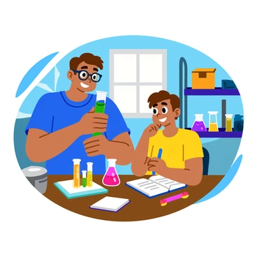 A big brother wearing a blue t-shirt and glasses is conducting a simple science experiment with his younger sibling in a cluttered garage. On a wooden table, there are various test tubes filled with colorful liquids and a small beaker with bubbling liquid. The younger sibling, wearing a yellow shirt, watches with wide eyes, holding a notebook and pencil. Sunlight filters through a window, illuminating the scattered tools and boxes around them. The brothers are engaged and excited about the experiment, with smiles on their faces.