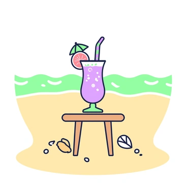 A tropical drink is placed on a small wooden table on a sandy beach. The drink is in a tall glass, filled with a vibrant liquid and topped with a slice of grapefruit on the rim. A colorful straw is inserted into the glass, and a small umbrella is poked into the drink. The sand is fine and golden, with some scattered seashells nearby. In the background, gentle waves lap at the shore, with a clear sky above.