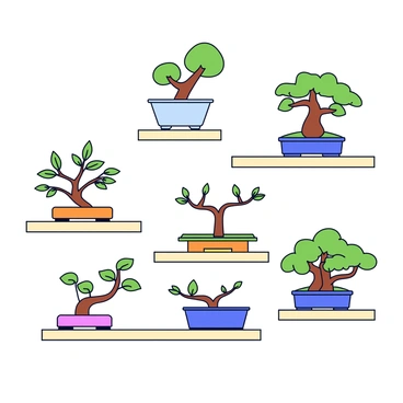 A collection of miniature bonsai trees arranged on wooden shelves. Each bonsai tree features unique shapes, with some having twisted trunks and others displaying delicate foliage. The wooden shelves are of light color, providing a natural contrast to the greenery. The background is simple and unobtrusive, highlighting the intricate details of the bonsai trees.