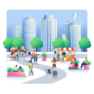 A busy path winds through a modern city square filled with people. Skyscrapers with glass facades and steel structures tower above, reflecting the sunlight. To the left, a group of people is gathered around a street performer playing guitar, while to the right, a food vendor sells colorful snacks from a bright cart. Benches line the edges of the square, occupied by individuals engaging in conversation or looking at their phones. Potted plants with vibrant flowers add a touch of greenery to the urban environment. The sky is a clear blue, providing a backdrop to the bustling scene below.