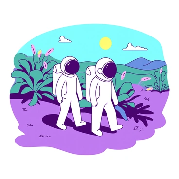 Astronauts exploring a colorful and friendly alien planet