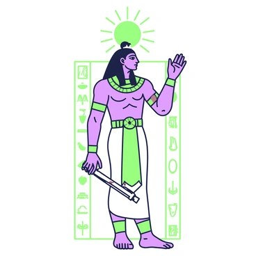 A figure representing the Egyptian sun god Ra stands tall with a muscular build. He is adorned in traditional ancient Egyptian attire, featuring a long, flowing white robe and a broad collar embellished with intricate details. His head is crowned with a sun disk, glowing prominently above him, radiating light. Ra's face is depicted with sharp features, and he has a falcon head, symbolizing his divine nature. In one hand, he holds a scepter while the other hand is raised in a gesture of blessing. The background includes hieroglyphics and symbols, subtly framing the scene to highlight his significance in ancient mythology.