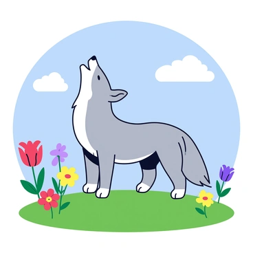 A grey wolf standing on a grassy hill, its head raised as it howls at the sky. Surrounding the wolf are various blooming flowers in bright colors, including red tulips, yellow daisies, and purple violets. The background features a clear blue sky with a few fluffy white clouds. The scene captures the essence of spring with fresh green grass and a lively atmosphere.