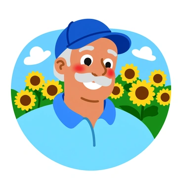 A middle-aged man with a mustache is smiling brightly. He is wearing a blue baseball cap and a light blue polo shirt. Behind him, there are vibrant yellow sunflowers reaching towards a clear blue sky. The sunflowers are tall and lush, creating a cheerful atmosphere. The sunlight casts soft shadows, enhancing the bright colors of the scene.