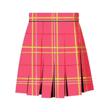 A traditional kilt-style skirt with a red and green tartan pattern. The skirt features pleats that cascade down to just above the knees. Small leather straps and buckles are visible at the waist, adding detail to the garment. The fabric has a textured look, emphasizing the woven pattern. The background displays a simple, neutral color to highlight the skirt's vibrant colors and intricate design.