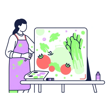 A young artist is standing in front of a large canvas, focused on painting a still life arrangement. The canvas displays an assortment of vegetables, prominently featuring crisp celery stalks. Next to the celery, there are plump tomatoes with smooth skins and leafy greens scattered around. The artist is wearing a smock with paint splatters, and is holding a brush in one hand while the other hand rests on the easel. The background includes a palette with vibrant colors and tubes of paint lying nearby. A gentle light illuminates the scene, highlighting the textures of the vegetables on the canvas.