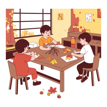 A group of children is sitting around a large wooden table in a cozy classroom, happily engaged in making autumn crafts. There are colorful leaves scattered across the table alongside small acorns and twigs. One child is gluing a vibrant leaf onto a piece of paper, while another is carefully stacking twigs to create a small structure. The walls of the classroom are decorated with various autumn-themed artwork, and sunlight filters through the windows, casting a warm glow on the scene.