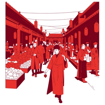 A red bustling street in Beijing during the late 19th century filled with locals and Boxers passing by. The street is lined with traditional Chinese architecture, featuring wooden beams and intricate carvings. Locals dressed in period clothing, such as long robes and hats, are engaging in conversation and carrying various goods. Boxers, dressed in distinctive uniforms with symbolic motifs, are seen moving confidently through the crowd. Markets are visible on either side, showcasing vibrant displays of fruits, vegetables, and textiles. Lanterns hang above, casting a warm glow over the scene. The atmosphere is lively, with a sense of movement and energy encapsulating the historical context of the time.