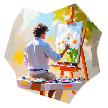 An artist with medium skin and curly hair is standing in front of a large canvas, focused on painting flannel flowers. The artist is dressed in a light blue shirt and has a palette of vibrant colors in one hand, while the other hand holds a brush poised above the canvas. The canvas displays a partially completed artwork featuring flannel flowers in soft whites and greens. The outdoor setting is filled with lush greenery, a clear blue sky, and soft sunlight filtering through the leaves, creating a serene atmosphere around the scene. There are a few paint tubes scattered on the ground, adding to the artist's workspace.