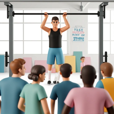 A fitness instructor, wearing a black tank top and blue shorts, is demonstrating pull-ups on a sturdy metal pull-up bar. The instructor has short brown hair and is focused, showcasing proper form as they grip the bar with both hands. Below, a group of enthusiastic trainees, consisting of both men and women, is gathered, dressed in colorful workout attire. They have expressions of admiration and concentration while watching the instructor. The gym is well-lit, with large windows allowing natural light to flood the space, and the walls are decorated with motivational posters. Various gym equipment, such as dumbbells and mats, is visible in the background.