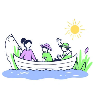 A group of children is playing in an old wooden boat gently floating on calm water. The boat shows signs of age with visible wood grain and a weathered appearance. Two children are seated at the bow, one is holding a toy fishing rod, while the other is playfully splashing water with their hands. In the middle of the boat, another child is standing and trying to balance, wearing a sun hat. Around the boat, the sun casts a warm light over the scene, highlighting the children's joyful expressions. Nearby, green reeds grow along the water's edge, adding to the summer atmosphere.