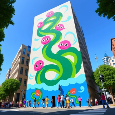 A giant hydra mural painted on the side of a tall building. The hydra features multiple colorful heads, each with unique expressions and vibrant scales. The mural displays swirling patterns around the hydra, adding a dynamic feel to the design. The urban setting includes nearby trees and bustling streets filled with people admiring the artwork. Bright sunlight casts shadows, emphasizing the details of the mural and the building's textured surface.