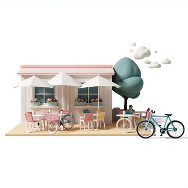 A quaint outdoor cafe with a small wooden patio and white umbrellas. Several road bikes are parked outside, featuring colorful frames in shades of red, blue, and yellow. The cafe has a rustic facade with flower pots filled with vibrant flowers on the windowsills. Small round tables are set with checkered tablecloths, and a few patrons are enjoying their drinks, seated at the tables. A gentle breeze rustles the leaves of nearby trees, enhancing the cozy atmosphere.