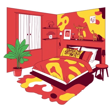 A room featuring walls adorned with vibrant exotic animal prints in various shades of red and yellow. The bedding showcases a bold pattern, reflecting safari-themed decorations with images of lions and zebras. There are wooden shelves displaying small sculptures of elephants and giraffes. A large, colorful rug mimics the look of animal fur, adding texture to the floor. A potted plant with large green leaves is placed by the window, complementing the wildlife theme. The overall atmosphere is immersive, capturing the essence of a safari adventure.