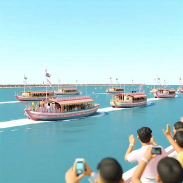 A group of decorated riverboats, each adorned with vibrant flags and lights, are floating down a wide river. The boats feature intricate floral designs and bright patterns, creating a festive atmosphere. People are gathered on the decks, waving and enjoying the celebration. Colorful balloons and streamers are visible, adding to the lively scene. In the background, spectators line the riverbank, capturing the moment with cameras and clapping their hands in excitement. The clear blue sky above contrasts beautifully with the vivid colors of the boats.