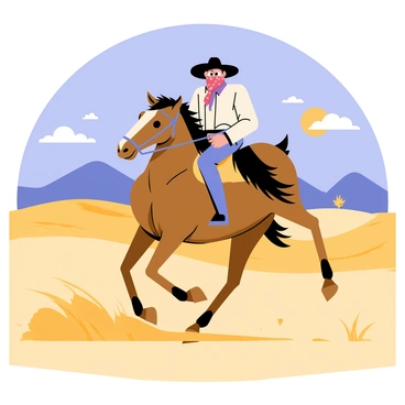 A legendary outlaw wearing a wide-brimmed hat and a bandana covering their face is riding a powerful horse. The horse is galloping through a vast desert landscape with rolling sand dunes and sparse vegetation. The outlaw's silhouette is outlined against a bright blue sky, and the sun casts long shadows on the ground. Dust is kicking up around the horse's hooves as they charge forward, showcasing the speed and determination of the rider. In the distance, there are rugged mountains under the clear sky, adding depth to the scene.