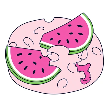 A jigsaw puzzle composed of interlocking pieces, each shaped like a slice of watermelon. The pieces display vibrant red flesh with black seeds, bordered by green rinds. The puzzle is scattered on a light-colored surface, showcasing the unique shapes of each watermelon slice. A few pieces are connected, forming an incomplete picture of a whole watermelon.