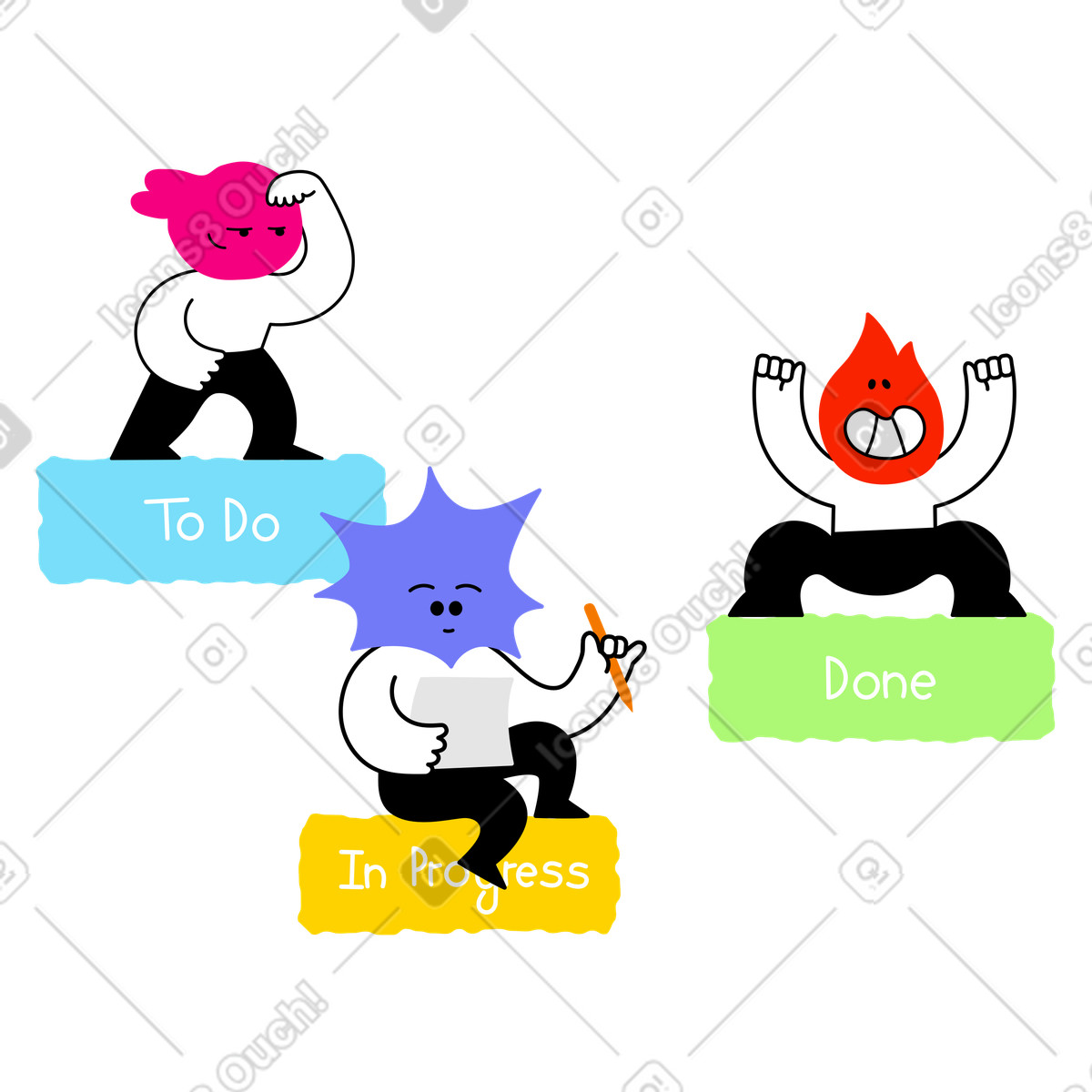 Illustration Personnages debout sur les noms des colonnes du tableau kanban dans le style Giggle à télécharger aux formats PNG, SVG