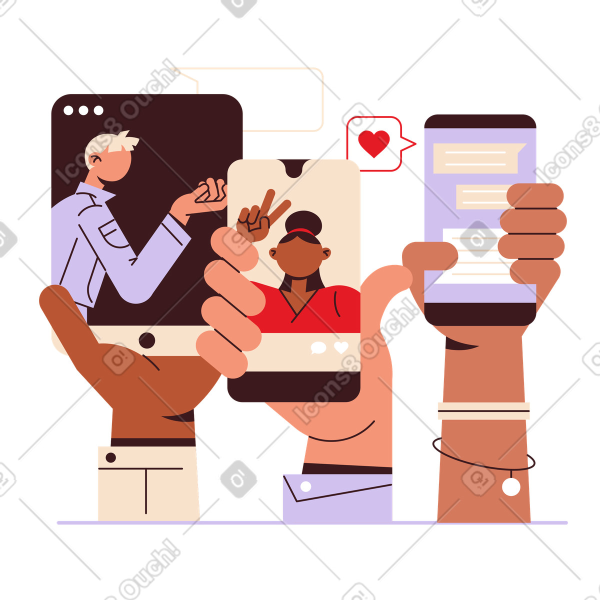 Hands holding devices with social media apps, Online communication and messaging illustration in Folks style download in PNG, SVG
