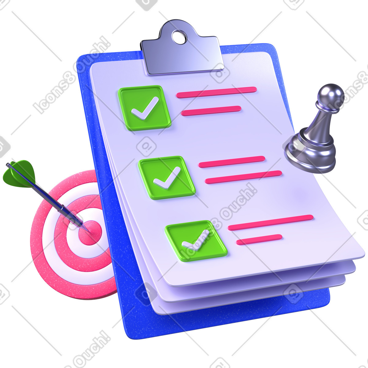 Illustration Presse-papiers avec liste de contrôle et objectif, achèvement des tâches productivité dans le style 3D Boost à télécharger aux formats PNG, SVG