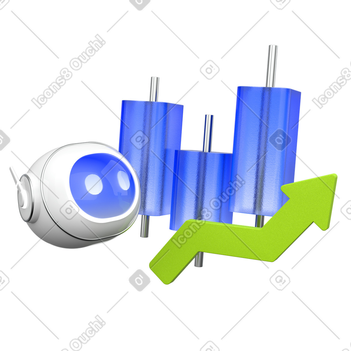 AI growth analytics, Robot chart analysis, Financial data visualization illustration in 3D Enterprise style download in PNG, SVG