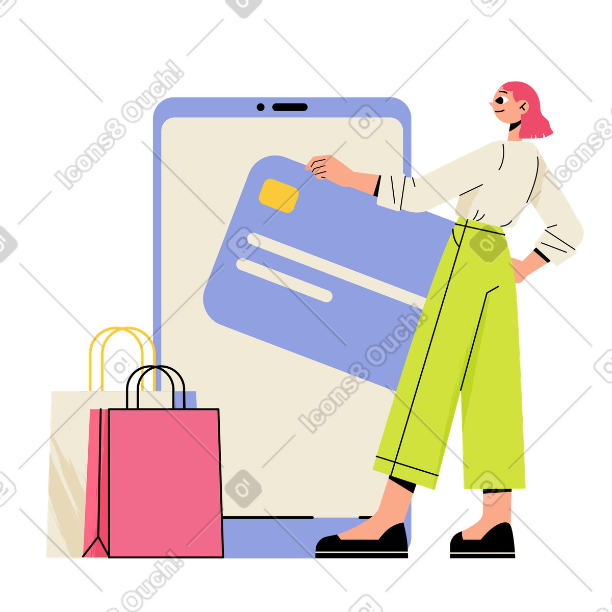 Juicy 스타일의 Customer making purchase on smartphone, online shopping and payment 일러스트레이션 PNG, SVG 다운로드