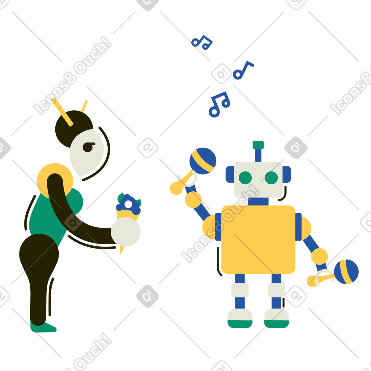Ilustración Músico robot y su fan en estilo Spot a descargar en PNG SVG