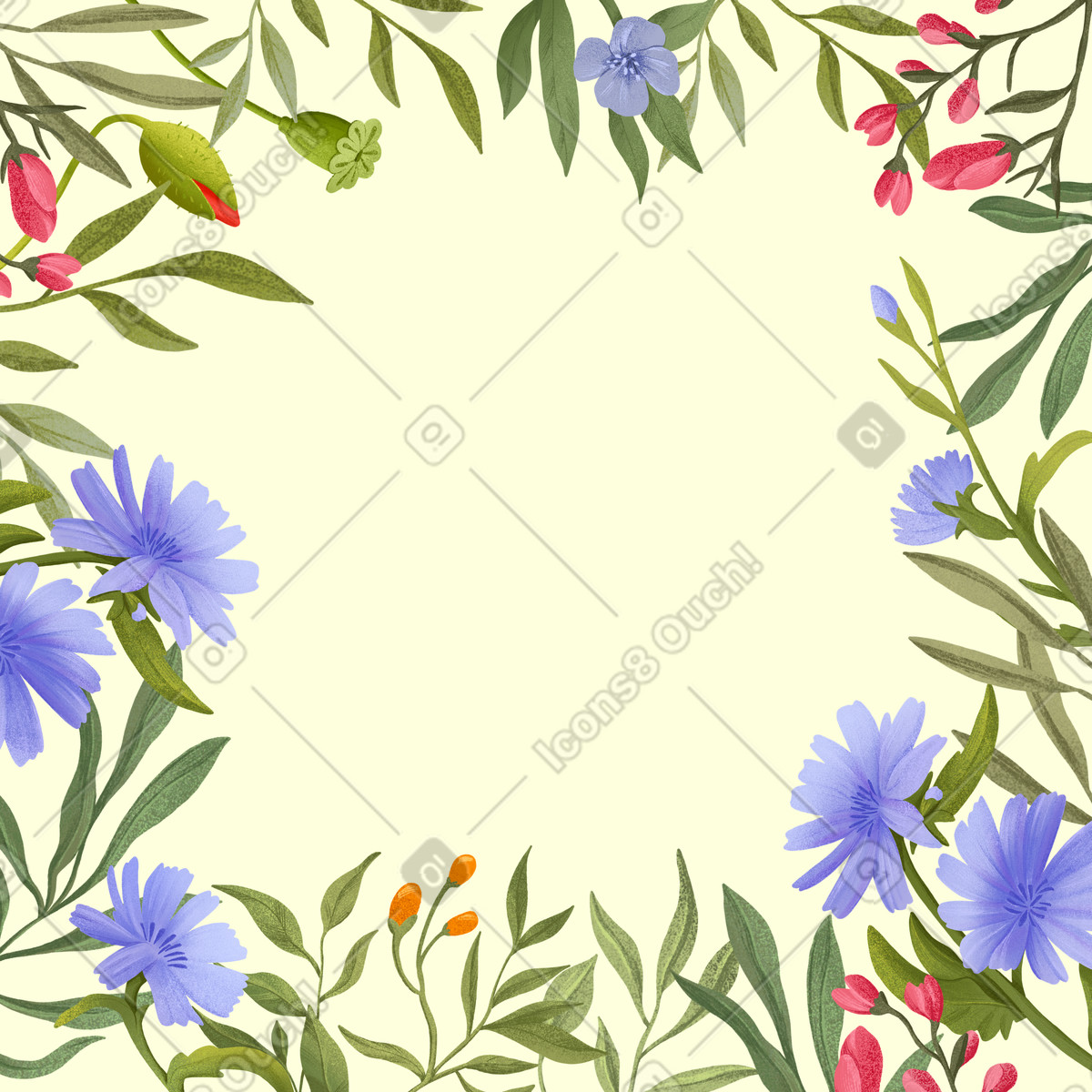 Illustration Différentes fleurs le long des bords sur fond jaune dans style Floral à télécharger aux formats PNG, SVG