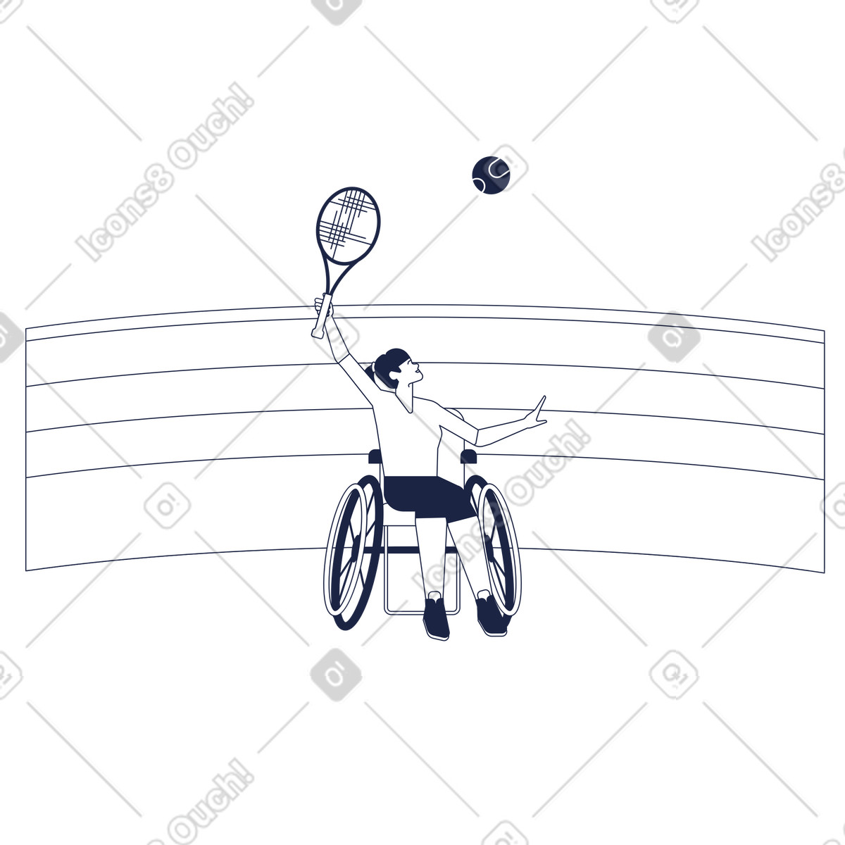 Female athlete in a wheelchair playing tennis at paralympic games illustration Urban Line style download PNG, SVG