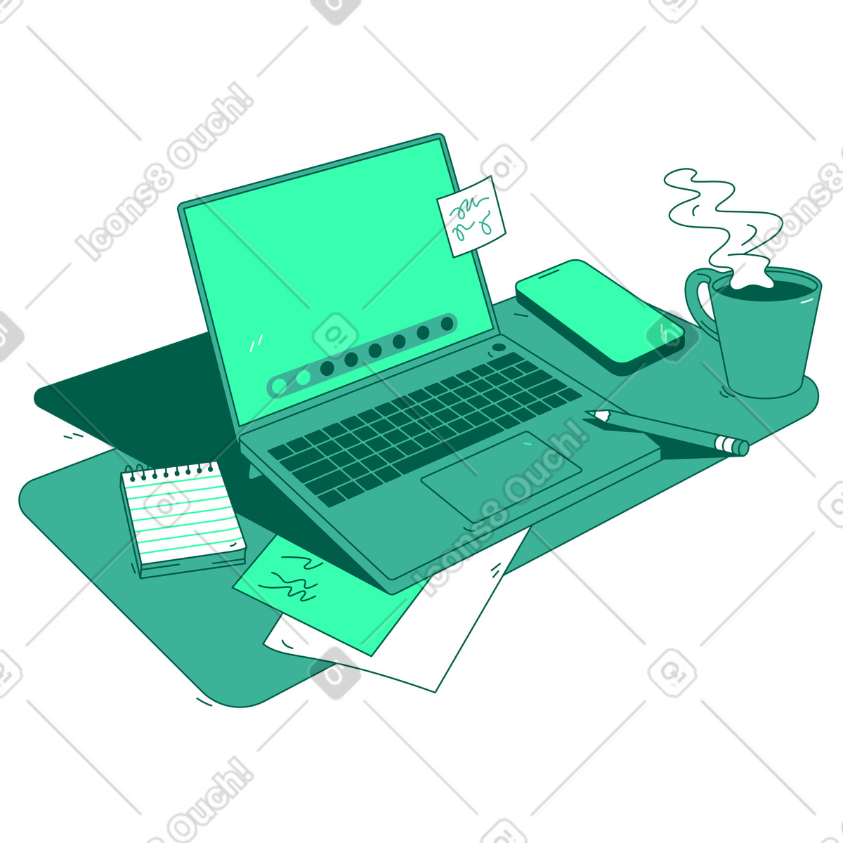Ilustración Computadora portátil y teléfono inteligente en el escritorio estilo Storyline a descargar PNG SVG