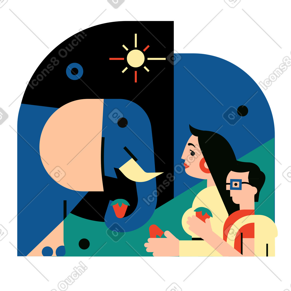 Ilustración Mujer y su hijo alimentando a un elefante en estilo Polar descargar en PNG SVG