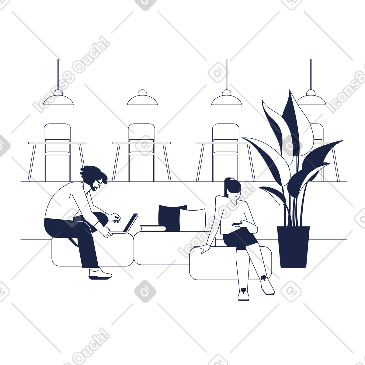 L'uomo e la donna con i gadget stanno lavorando, sullo sfondo dello spazio di coworking della pianta dell'ufficio illustrazione in stile Urban Line scarica in PNG, SVG