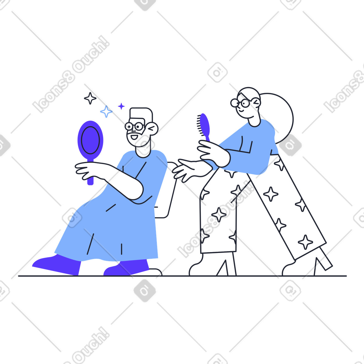 Uomo che si guarda allo specchio sulla poltrona di un parrucchiere illustrazione in stile Pablita scarica in PNG, SVG