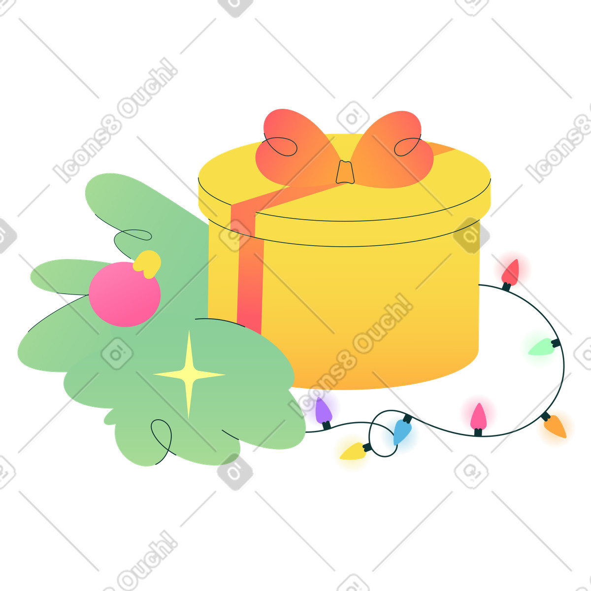 Gift box and pine branch with colorful lights, Christmas giving illustration in Florid style download in PNG, SVG