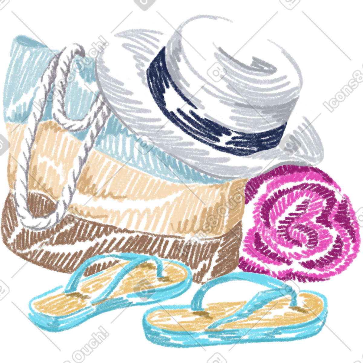 Sketchbook 스타일의 Beach bag, towel, flip flops and hat 일러스트레이션 PNG, SVG 다운로드