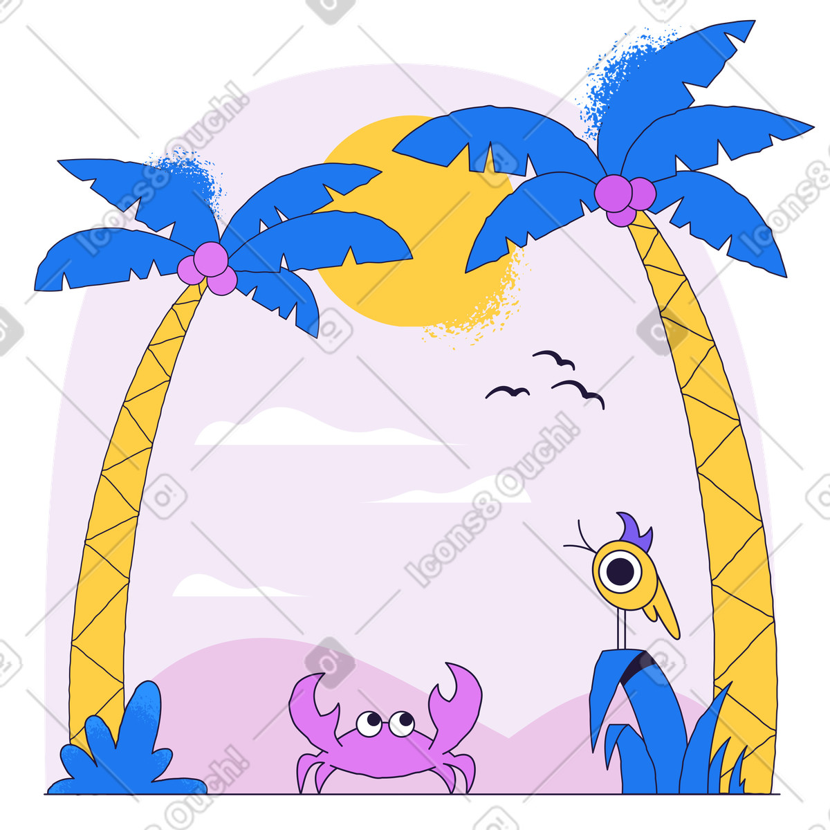 Krabbe und exotischer vogel am strand-Illustration im Conifer-Stil als Download in PNG, SVG