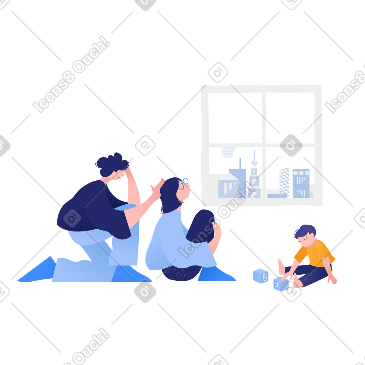 Parents and child self-isolating at home illustration in Clip style download in PNG, SVG